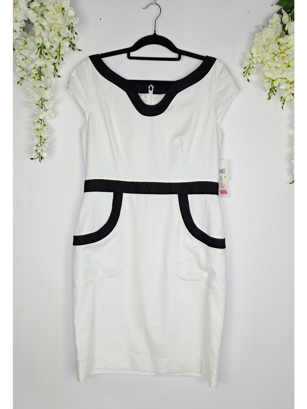 New Maggy London Linen Career Dress 14 White Black Trim Pockets Minimalist Offic